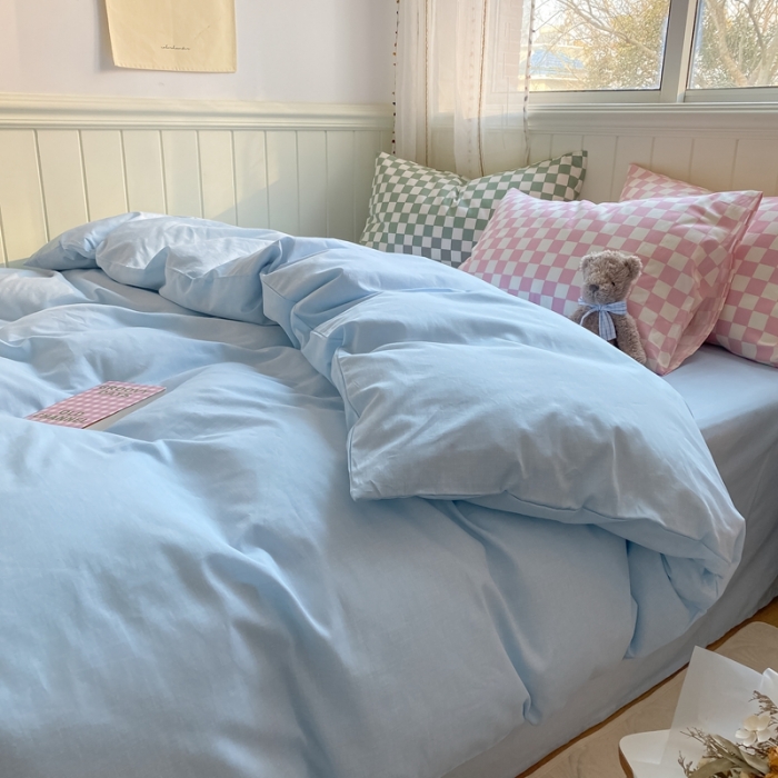 91家纺网 家纺一手货源 找家纺 昔可2022新款混搭纯色棋盘格套件四件套 奶蓝粉棋盘