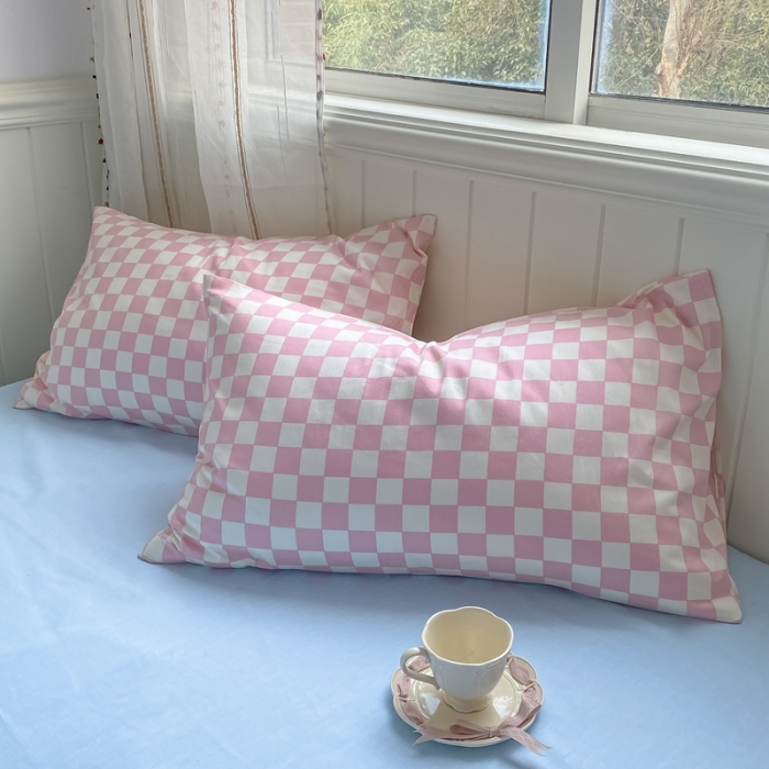 91家纺网 家纺一手货源 找家纺 昔可2022新款混搭纯色棋盘格套件四件套 奶蓝粉棋盘