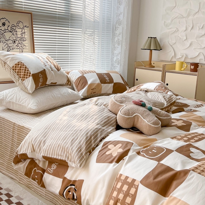 91家纺网 家纺一手货源 找家纺 昔可2022新款印花全棉四件套跑量款 咖色笑脸格