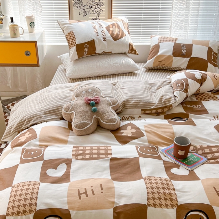 91家纺网 家纺一手货源 找家纺 昔可2022新款印花全棉四件套跑量款 咖色笑脸格