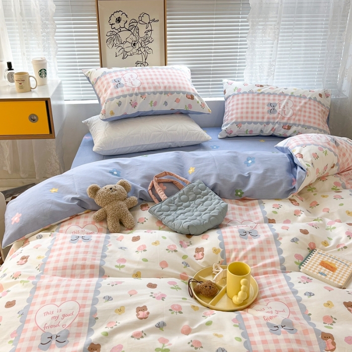 91家纺网 家纺一手货源 找家纺 昔可2022新款印花全棉四件套跑量款 蕾丝花熊