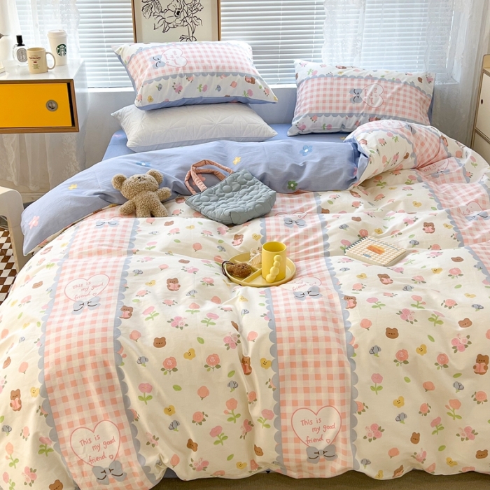 91家纺网 家纺一手货源 找家纺 昔可2022新款印花全棉四件套跑量款 蕾丝花熊