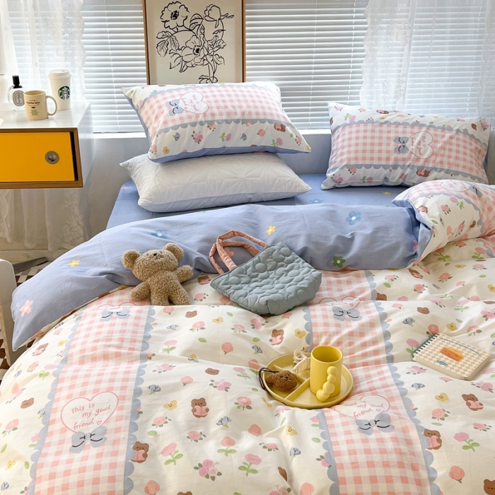 91家纺网 家纺一手货源 找家纺 昔可2022新款印花全棉四件套跑量款 蕾丝花熊