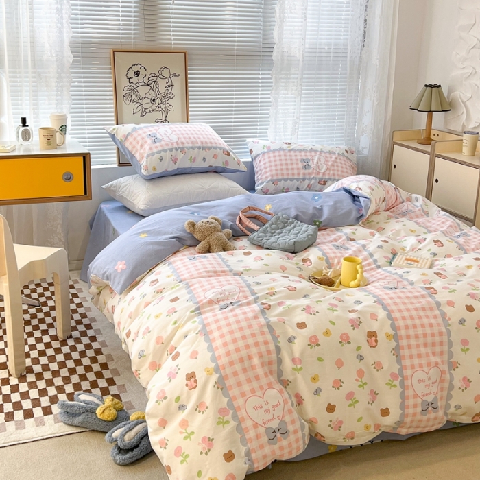 91家纺网 家纺一手货源 找家纺 昔可2022新款印花全棉四件套跑量款 蕾丝花熊