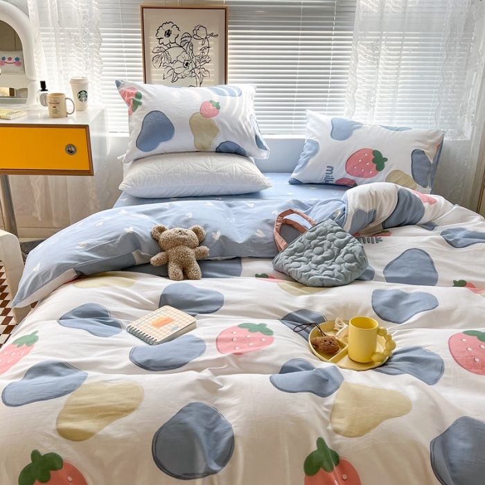 91家纺网 家纺一手货源 找家纺 昔可2022新款印花全棉四件套跑量款 奶牛块草莓