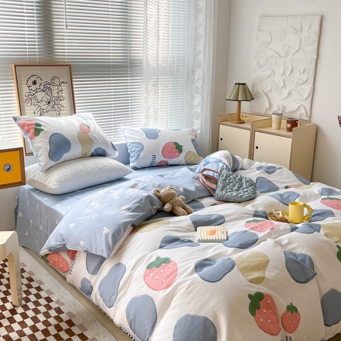 91家纺网 家纺一手货源 找家纺 昔可2022新款印花全棉四件套跑量款 奶牛块草莓