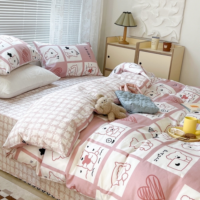 91家纺网 家纺一手货源 找家纺 昔可2022新款印花全棉四件套跑量款 日常小熊 粉