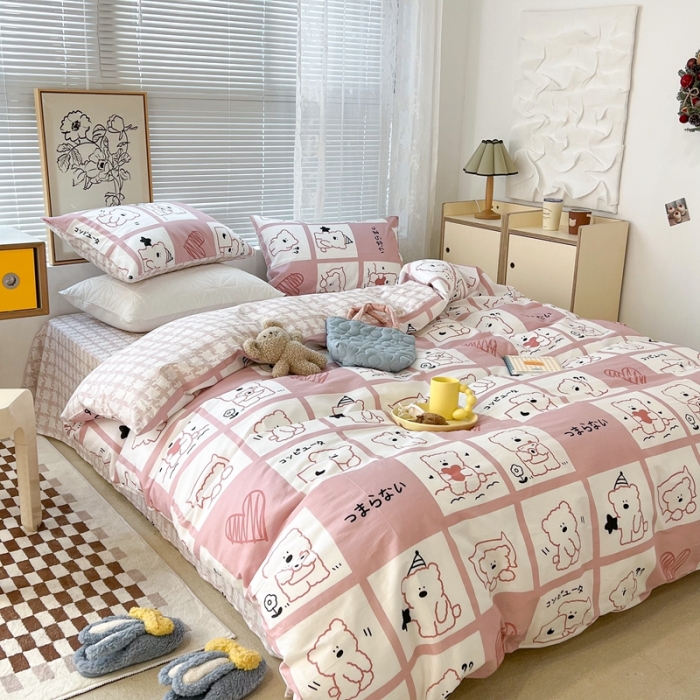 91家纺网 家纺一手货源 找家纺 昔可2022新款印花全棉四件套跑量款 日常小熊 粉