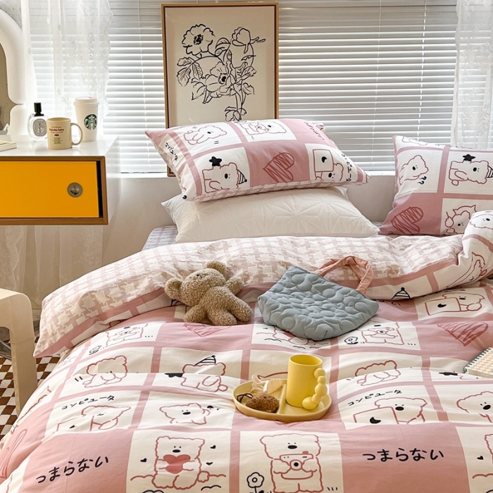 91家纺网 家纺一手货源 找家纺 昔可2022新款印花全棉四件套跑量款 日常小熊 粉