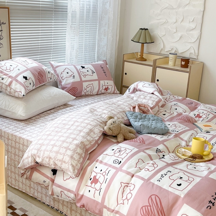 91家纺网 家纺一手货源 找家纺 昔可2022新款印花全棉四件套跑量款 日常小熊 粉