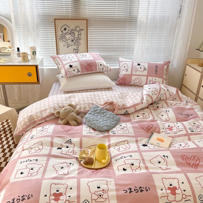 91家纺网 家纺一手货源 找家纺 昔可2022新款印花全棉四件套跑量款 日常小熊 粉