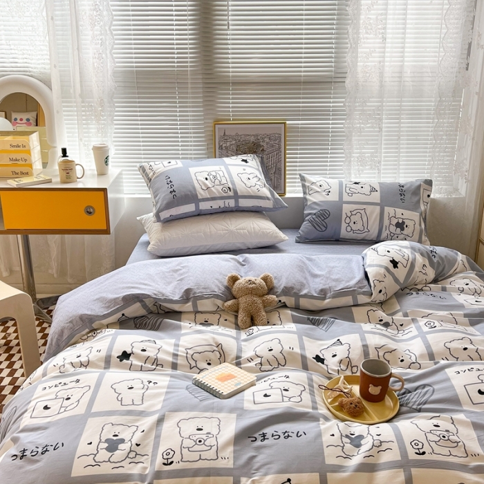 91家纺网 家纺一手货源 找家纺 昔可2022新款印花全棉四件套跑量款 日常小熊 灰