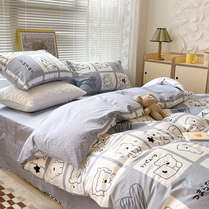 91家纺网 家纺一手货源 找家纺 昔可2022新款印花全棉四件套跑量款 日常小熊 灰