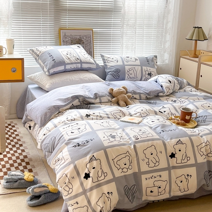 91家纺网 家纺一手货源 找家纺 昔可2022新款印花全棉四件套跑量款 日常小熊 灰