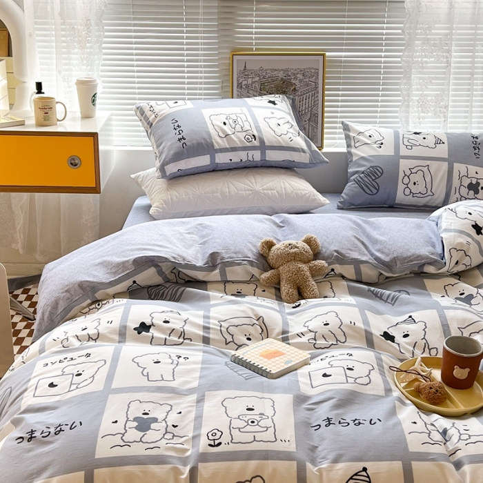 91家纺网 家纺一手货源 找家纺 昔可2022新款印花全棉四件套跑量款 日常小熊 灰