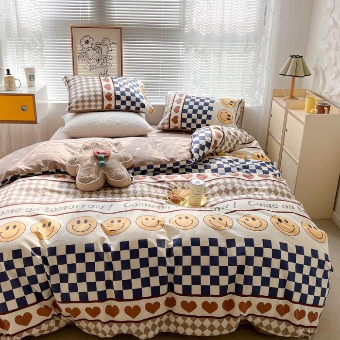 91家纺网 家纺一手货源 找家纺 昔可2022新款印花全棉四件套跑量款微笑每一天