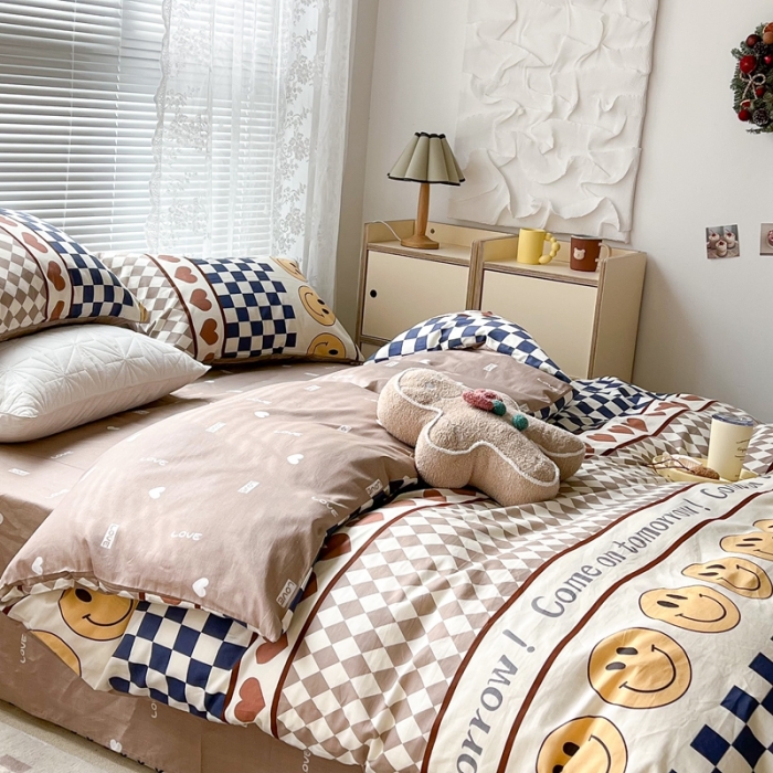 91家纺网 家纺一手货源 找家纺 昔可2022新款印花全棉四件套跑量款微笑每一天