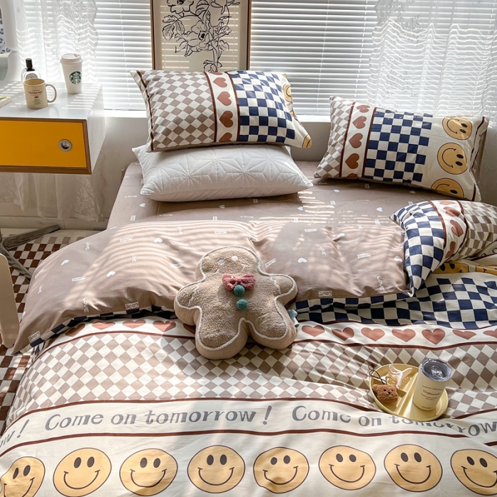 91家纺网 家纺一手货源 找家纺 昔可2022新款印花全棉四件套跑量款微笑每一天