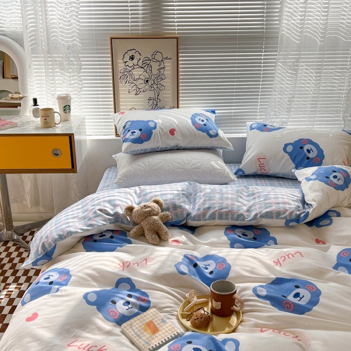91家纺网 家纺一手货源 找家纺 昔可2022新款印花全棉四件套跑量款 幸运蓝熊