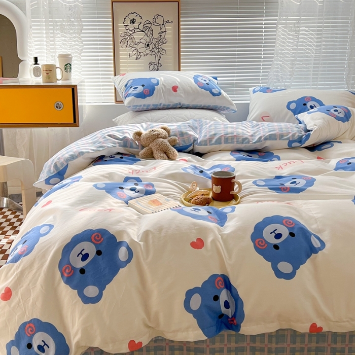 91家纺网 家纺一手货源 找家纺 昔可2022新款印花全棉四件套跑量款 幸运蓝熊