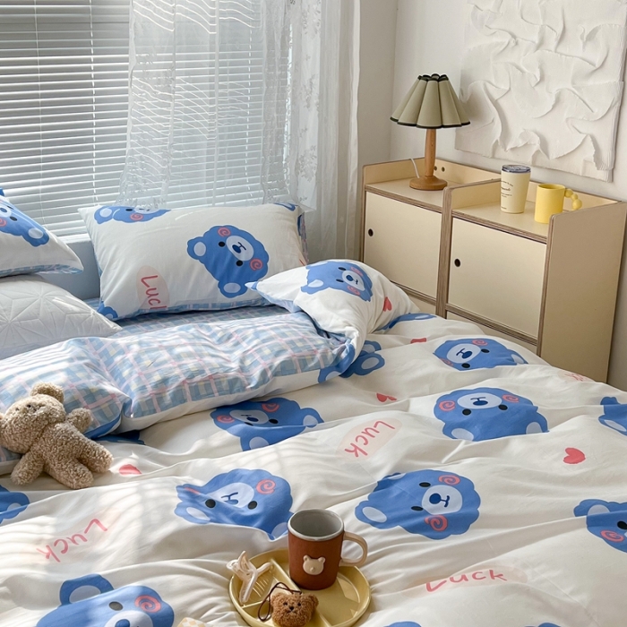 91家纺网 家纺一手货源 找家纺 昔可2022新款印花全棉四件套跑量款 幸运蓝熊