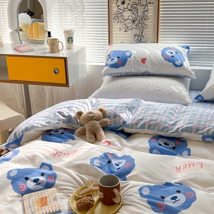 91家纺网 家纺一手货源 找家纺 昔可2022新款印花全棉四件套跑量款 幸运蓝熊