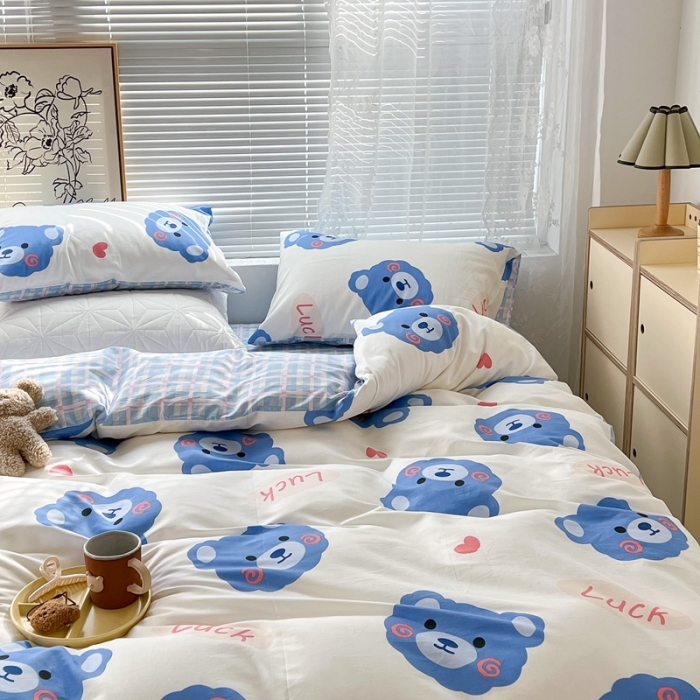 91家纺网 家纺一手货源 找家纺 昔可2022新款印花全棉四件套跑量款 幸运蓝熊