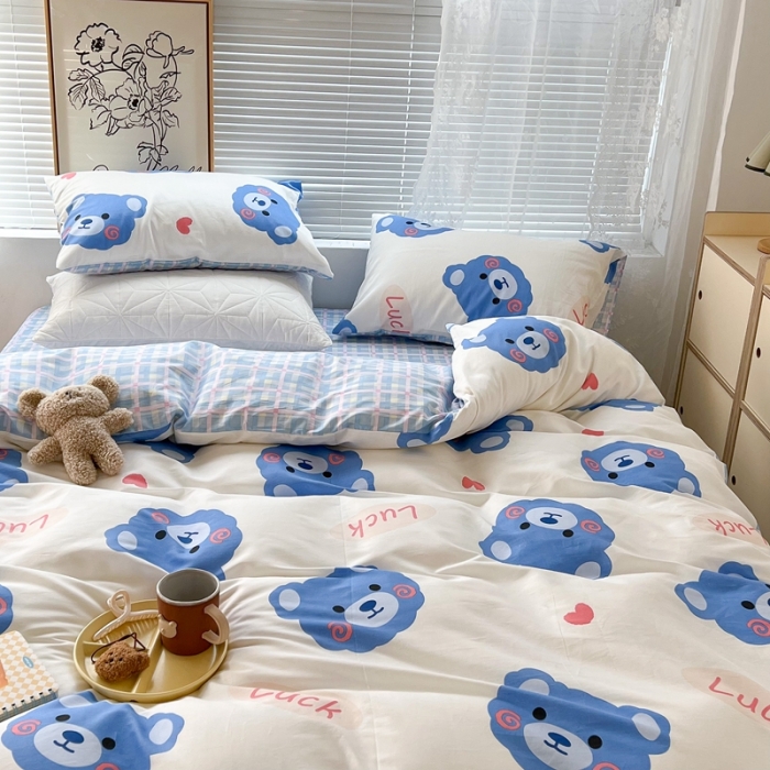 91家纺网 家纺一手货源 找家纺 昔可2022新款印花全棉四件套跑量款 幸运蓝熊