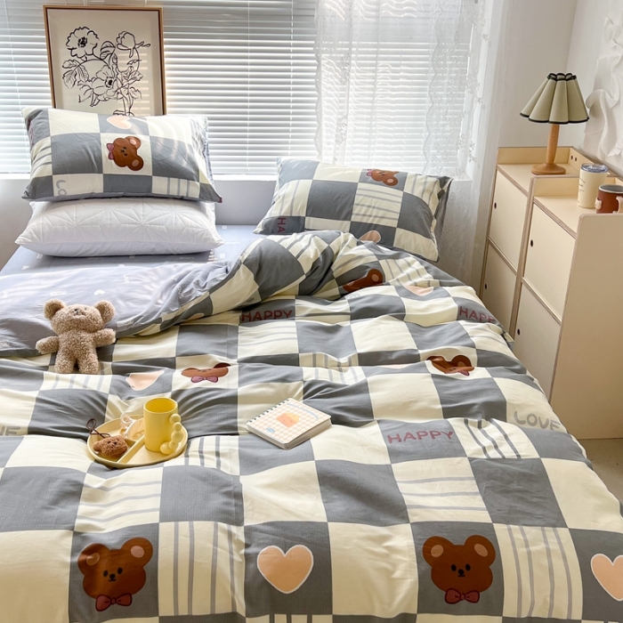 91家纺网 家纺一手货源 找家纺 昔可2022新款印花全棉四件套跑量款 熊熊格