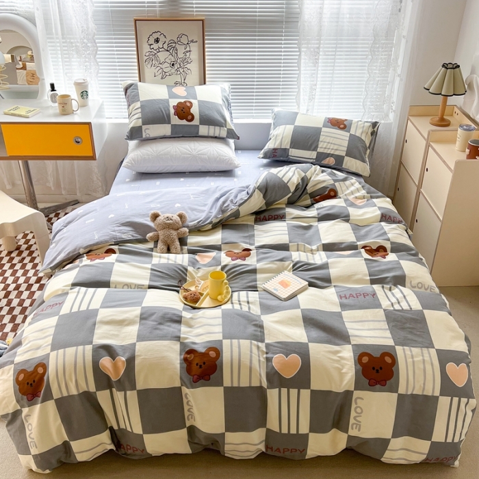 91家纺网 家纺一手货源 找家纺 昔可2022新款印花全棉四件套跑量款 熊熊格