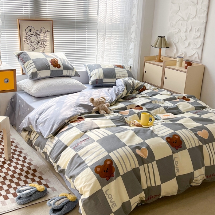 91家纺网 家纺一手货源 找家纺 昔可2022新款印花全棉四件套跑量款 熊熊格