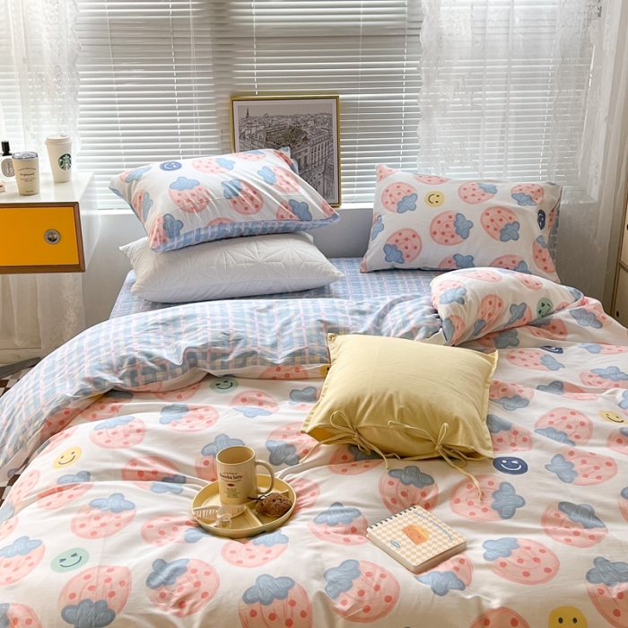 91家纺网 家纺一手货源 找家纺 昔可2022新款印花全棉四件套跑量款 油画粉草莓