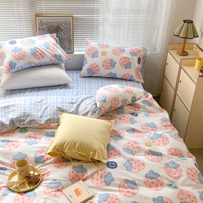 91家纺网 家纺一手货源 找家纺 昔可2022新款印花全棉四件套跑量款 油画粉草莓