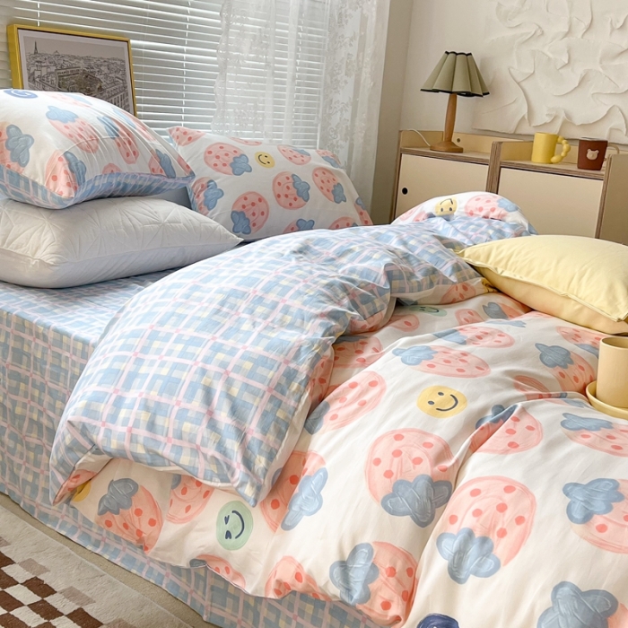 91家纺网 家纺一手货源 找家纺 昔可2022新款印花全棉四件套跑量款 油画粉草莓