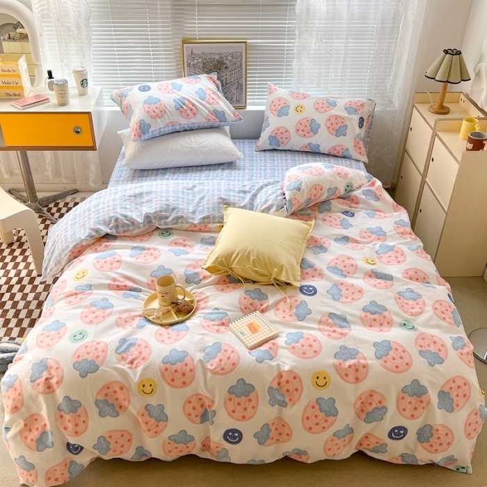 91家纺网 家纺一手货源 找家纺 昔可2022新款印花全棉四件套跑量款 油画粉草莓