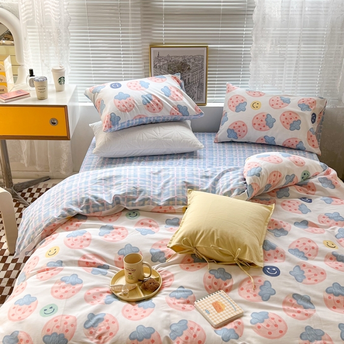 91家纺网 家纺一手货源 找家纺 昔可2022新款印花全棉四件套跑量款 油画粉草莓