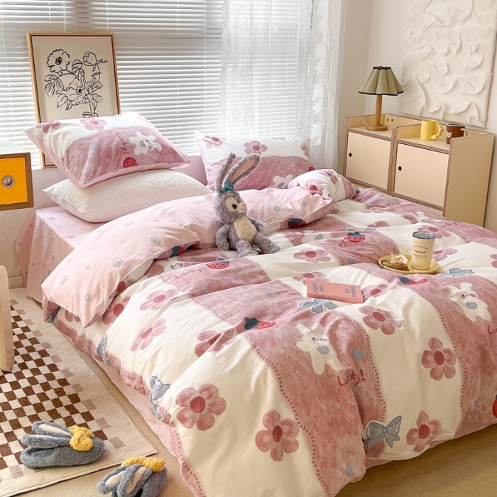 91家纺网 家纺一手货源 找家纺 昔可2022新款印花全棉四件套跑量款 油画花兔兔