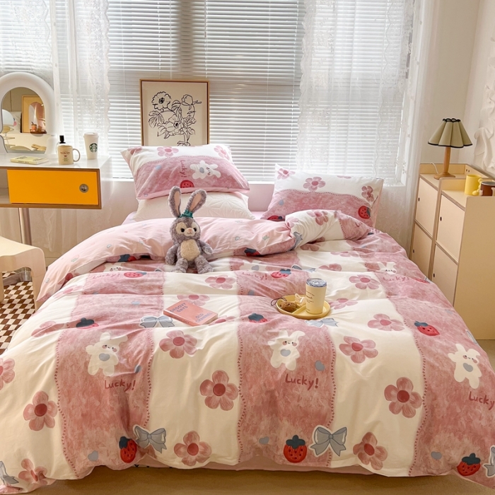 91家纺网 家纺一手货源 找家纺 昔可2022新款印花全棉四件套跑量款 油画花兔兔