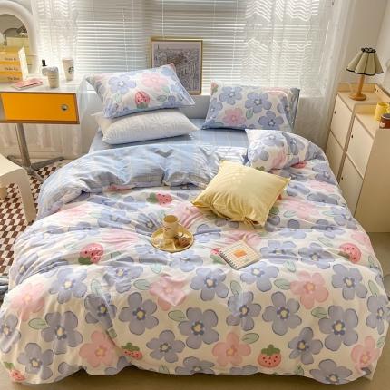 91家纺网 家纺一手货源 找家纺 昔可2022新款印花全棉四件套跑量款 紫花草莓