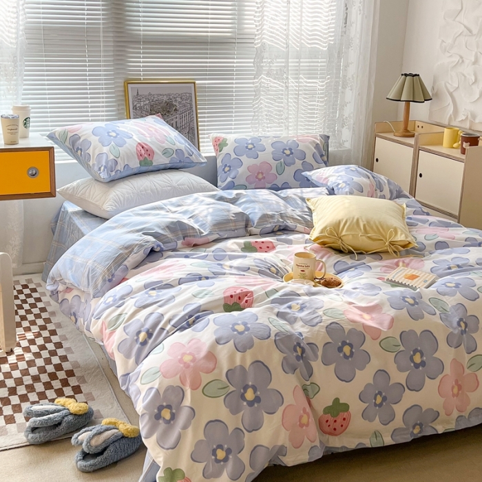 91家纺网 家纺一手货源 找家纺 昔可2022新款印花全棉四件套跑量款 紫花草莓