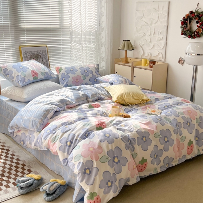 91家纺网 家纺一手货源 找家纺 昔可2022新款印花全棉四件套跑量款 紫花草莓