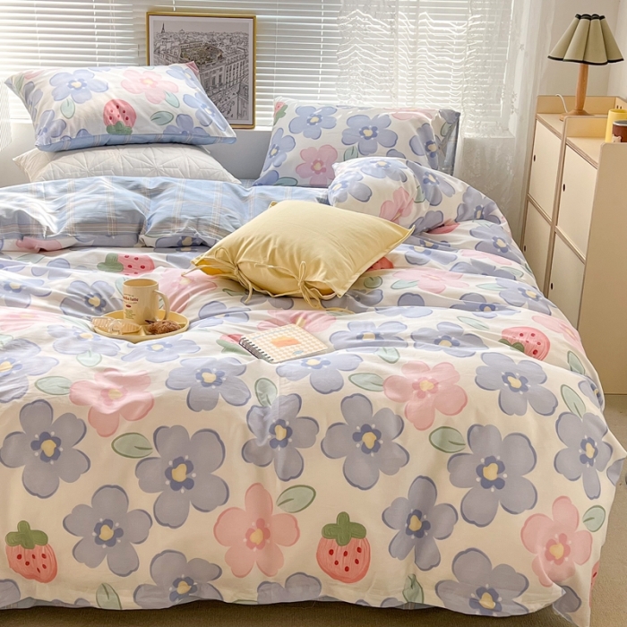 91家纺网 家纺一手货源 找家纺 昔可2022新款印花全棉四件套跑量款 紫花草莓