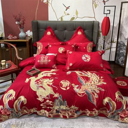 91家纺网 家纺一手货源 找家纺 橘滋 2022新款长绒棉刺绣四件套-高端婚庆新品 金龙玉凤