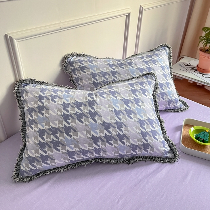 91家纺网 家纺一手货源 找家纺 昔可2022新款流苏小香风系列四件套 涂鸦千鸟格蓝