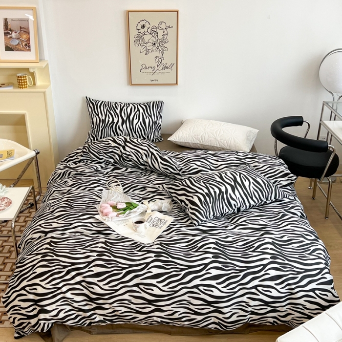 91家纺网 家纺一手货源 找家纺 昔可2022新款网红黑白豹纹系列全棉四件套 斑马纹