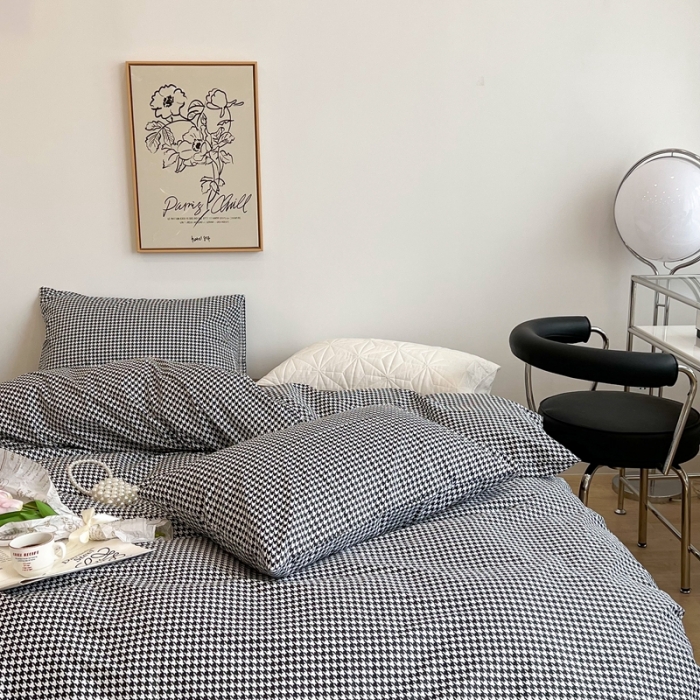 91家纺网 家纺一手货源 找家纺 昔可2022新款网红黑白豹纹系列全棉四件套 小千鸟格