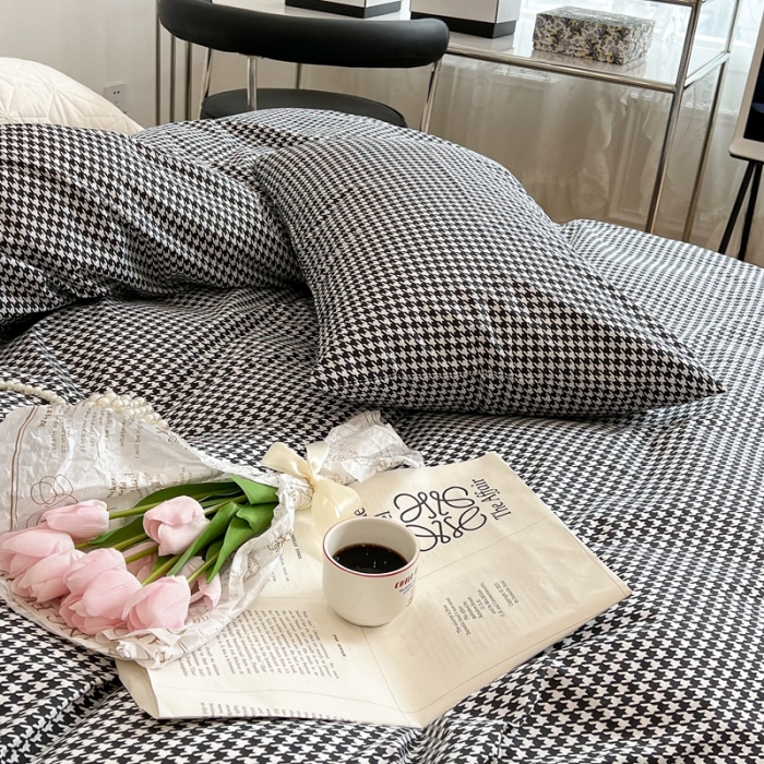 91家纺网 家纺一手货源 找家纺 昔可2022新款网红黑白豹纹系列全棉四件套 小千鸟格