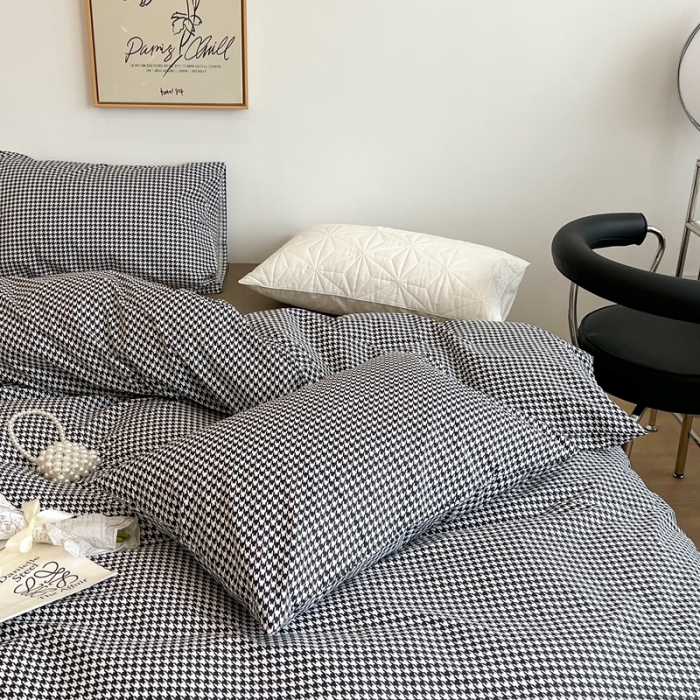 91家纺网 家纺一手货源 找家纺 昔可2022新款网红黑白豹纹系列全棉四件套 小千鸟格