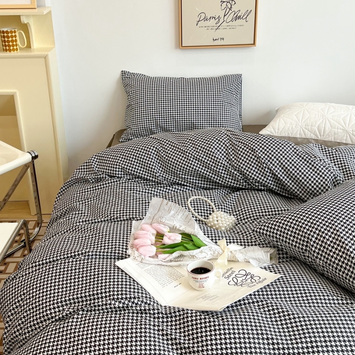 91家纺网 家纺一手货源 找家纺 昔可2022新款网红黑白豹纹系列全棉四件套 小千鸟格