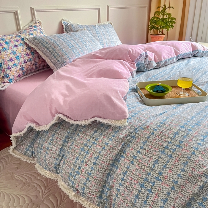 91家纺网 家纺一手货源 找家纺 昔可2022新款流苏小香风系列四件套 香香粉兰